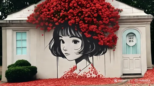 镜头环绕，墙壁上绘画的少女不动，花朵或者植物被风吹动，左右摇摆 by Hailuo AI Video Generator