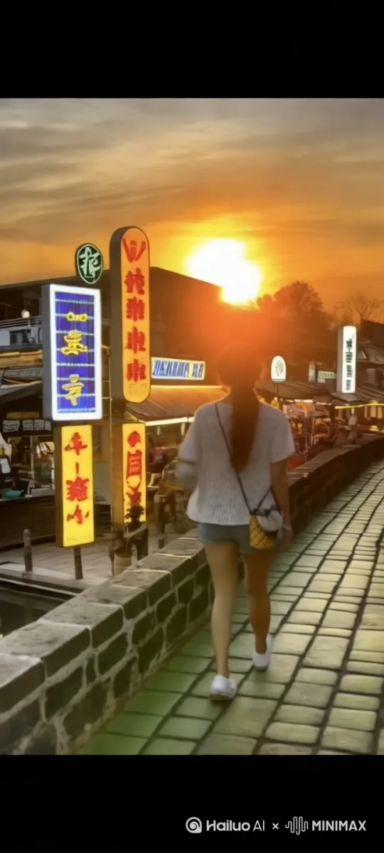 女士摇摆着飘逸马尾的背影，在夕阳下渐渐远去。[变焦拉远] by Hailuo AI Video Generator