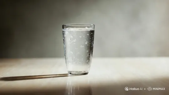 完全黑暗的背景，水杯的杯底有很强的白色光，水杯的最上方出现了一层金色的光线，光线特别细小，金色的光线向流行一样一点点沉向杯底，随着杯底的光点越多整体的光芒越来越亮超过了白色光的十倍 by Hailuo AI Video Generator