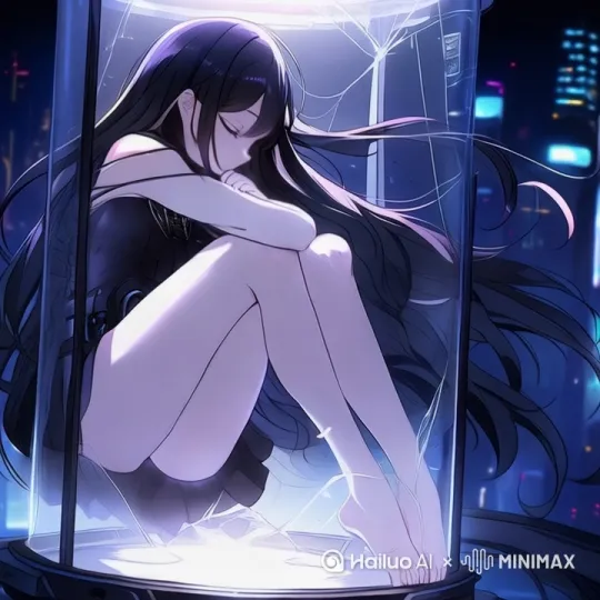 安静动态壁纸，二次元画风没睁眼，少女浸泡在液体中的效果，头发轻微浮动，轻微呼吸效果 by Hailuo AI Video Generator