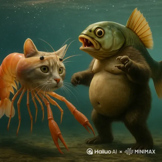 打架，鱼把虾猫打倒. 9:16 by Hailuo AI Video Generator