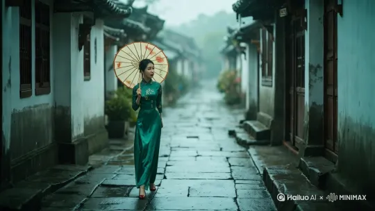 徽派建筑间，一位撑着油纸伞的旗袍女子，从铺满青石板的小巷慢慢走远。 by Hailuo AI Video Generator