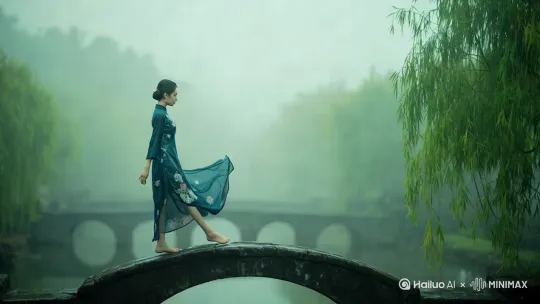 江南，细雨蒙蒙，烟柳画桥，穿旗袍的女人从桥上走过。 by Hailuo AI Video Generator