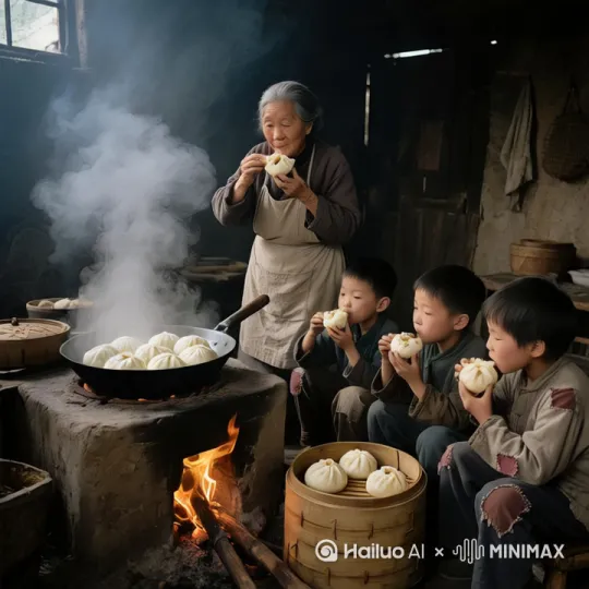 固定镜头，锅里冒着热气，小孩们吃这包子 by Hailuo AI Video Generator