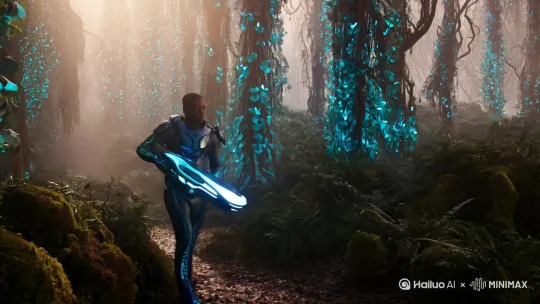 一名外星人战士，走在树林子里面，拿着能量武器准备埋伏敌人 by Hailuo AI Video Generator