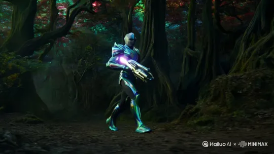 一名外星人战士，走在树林子里面，拿着能量武器准备埋伏敌人 by Hailuo AI Video Generator