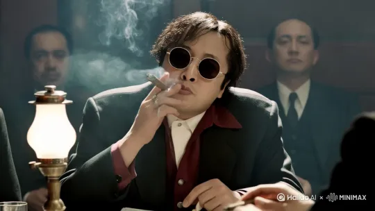 美国七八十年代的黑帮教父，年龄四十岁左右，眼神有威慑力，梳着油背头，手上掐着雪茄，嘴里在高谈阔论给他的手下，要符合电影教父的感觉，注意细节。 by Hailuo AI Video Generator