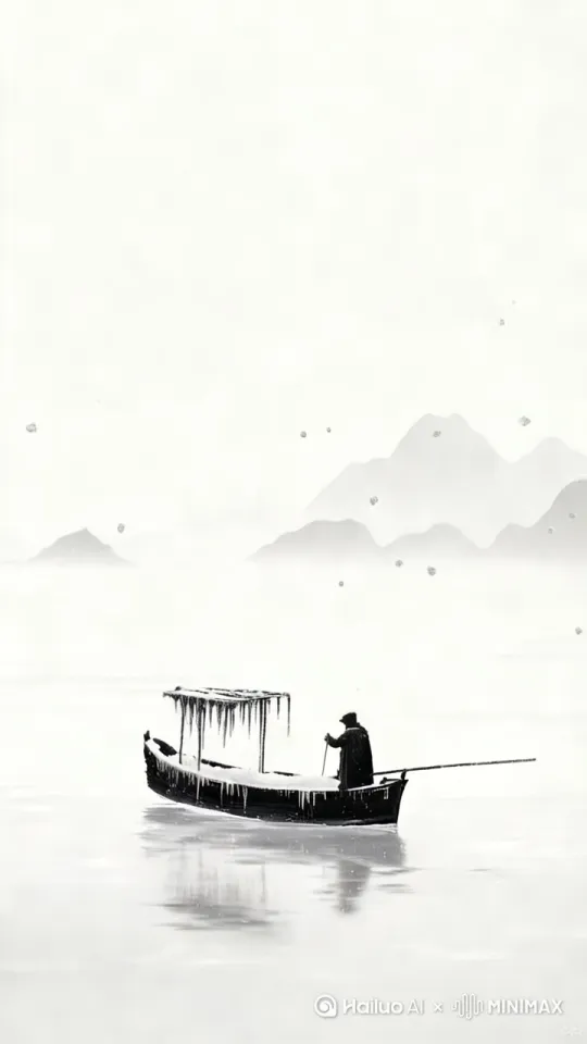 镜头：右移，左摇，逐渐拉远
动作：小船逐渐往前游，主人公坐下垂钓
雪花随风飘荡，其余元素正常运动 by Hailuo AI Video Generator