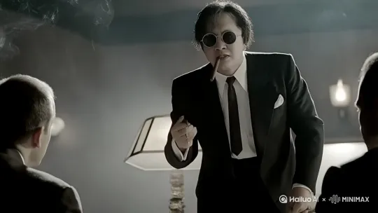 美国七八十年代的黑帮教父，年龄四十岁左右，眼神有威慑力，梳着油背头，手上掐着雪茄，嘴里在高谈阔论给他的手下，表情很生气，要符合电影教父的感觉，注意细节。 by Hailuo AI Video Generator