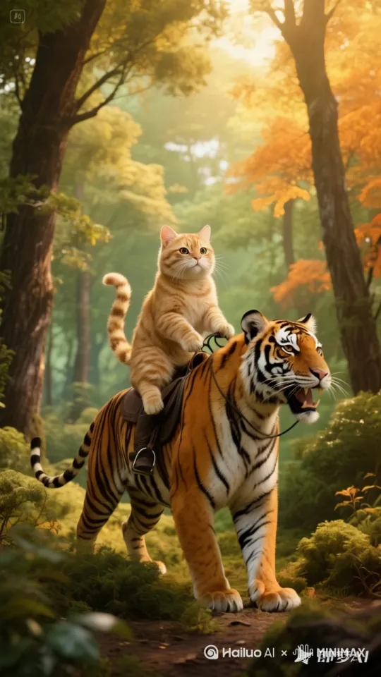 一只金渐层猫在树林里骑着一只老虎快速奔跑 by Hailuo AI Video Generator