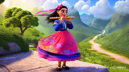 `Cartoon-style Miao ethnic girl in colorful embroidered dress and black cloth shoes, playing bamboo flute on ancient mountain stone steps, wind blowing strongly from left to right (skirt fluttering dynamically, hair and ribbons flowing), serene expression. The camera slowly pulls back to reveal misty green mountains and a winding path. Two sparrows with vibrant wings flap rapidly from the right side of the frame, cross diagonally in front of the girl, and land on a gnarled tree branch on the left foreground, chirping. Soft sunlight, Studio Ghibli-inspired background with painted clouds, 4K detailed animation.` by Hailuo AI Video Generator