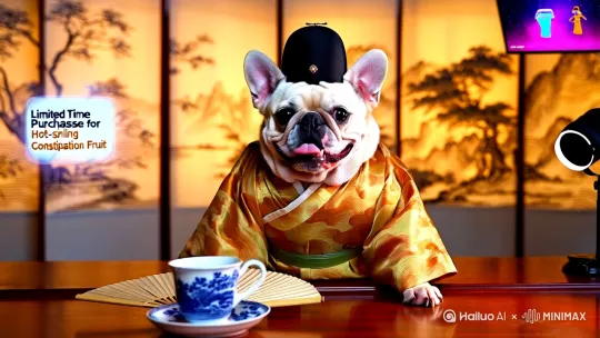 一只圆润的法国斗牛犬，身穿精致的明制汉服（云纹绸缎面料，琥珀色为主，配玉石腰带），头戴黑色瓜皮帽，坐在仿古红木直播间桌后。前爪搭在桌面的青花瓷茶杯和折扇上，背景是水墨山水屏风，左侧悬浮半透明电子屏显示“爆款便秘果限量抢购”弹幕，右上角有虚拟点赞动画。狗狗眼神自信，吐着粉色舌头在详细的讲解便秘果的作用，桌面角落露出补光灯和迷你麦克风，整体融合古风与科技感，超高清摄影质感，景深虚化，暖光氛围。 by Hailuo AI Video Generator