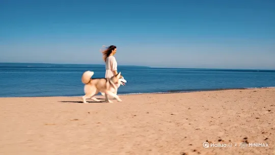 我漫步在沙滩上，细细的沙子，蔚蓝的海水怕打着沙滩，蓝蓝的天空，我的哈士奇欢快的奔跑者，围绕着我，跳跃着，风吹拂着我的头发，我的心那么平静，安宁 by Hailuo AI Video Generator