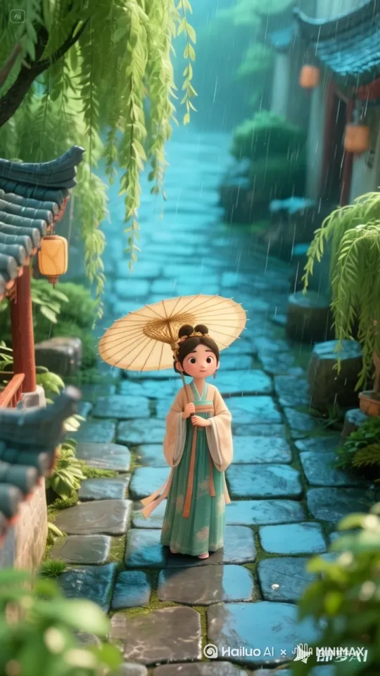 [推出,上升,下摇]女孩向牧童弯腰询问，手指远方，表情疑惑           | 女孩弯腰询问牧童，牧童指向远方，中国古代卡通，明亮的色彩，3d皮克斯风格 by Hailuo AI Video Generator