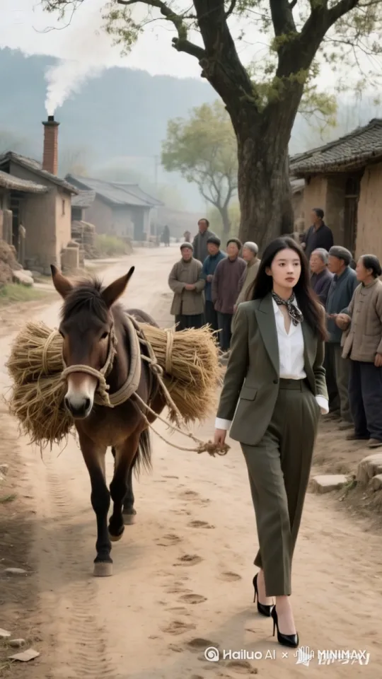 骡子突然全身奋力肌肉锁紧跳跃起来，女子迅速用中国功夫一转身飞起一脚 于骡子拳打脚踢，环绕镜头，大气磅礴，镜头移动动态跟随动态跟随，围观村民拍手叫好，欢呼雀跃 by Hailuo AI Video Generator