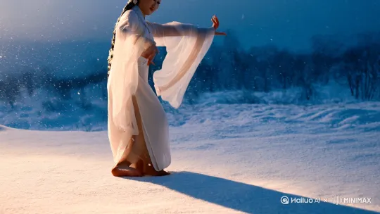 古古装女子在雪地光着脚翩翩起舞，衣袂飘飘 by Hailuo AI Video Generator