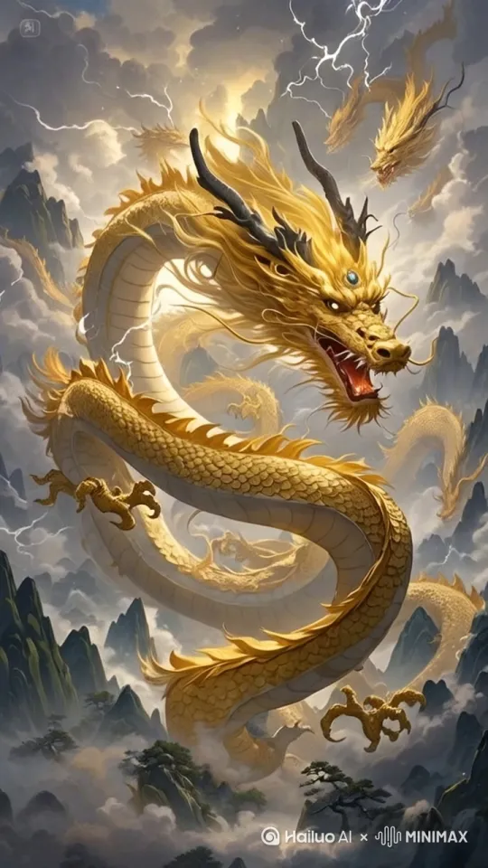 镜头前，浓烟弥漫，金龙张牙舞爪，张嘴吼叫，风吹毛发摆动，镜头跟随，8K超高清，金龙上下翻滚，动态姿势呈现，逼真，活灵活现，云层涌动，史诗级画面，高质量 by Hailuo AI Video Generator