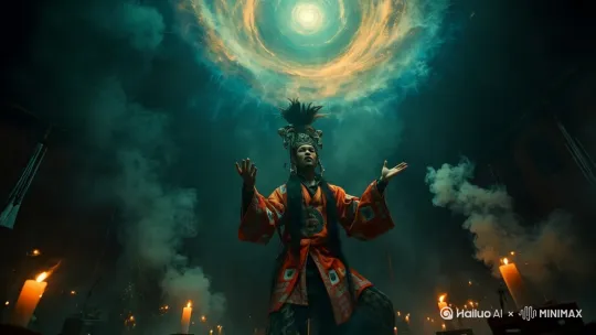 萨满祭司在熊熊燃烧的篝火旁，高声吟唱，跳动的火光照亮他们彩绘的古老图腾面纹，萨满拿出酒碗敬天，翻飞的兽皮斗篷与骨制法器碰撞出原始韵律，火堆旁站着一圈村民，背景是被烟雾笼罩的针叶林，暗红色火星在夜风中螺旋升腾。[拉远,上升,下摇] by Hailuo AI Video Generator
