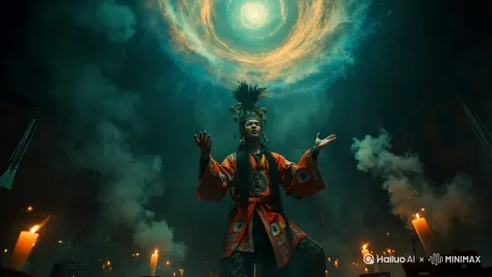 萨满祭司在熊熊燃烧的篝火旁，高声吟唱，跳动的火光照亮他们彩绘的古老图腾面纹，萨满拿出酒碗敬天，翻飞的兽皮斗篷与骨制法器碰撞出原始韵律，火堆旁站着一圈村民，背景是被烟雾笼罩的针叶林，暗红色火星在夜风中螺旋升腾。[拉远,上升,下摇] by Hailuo AI Video Generator