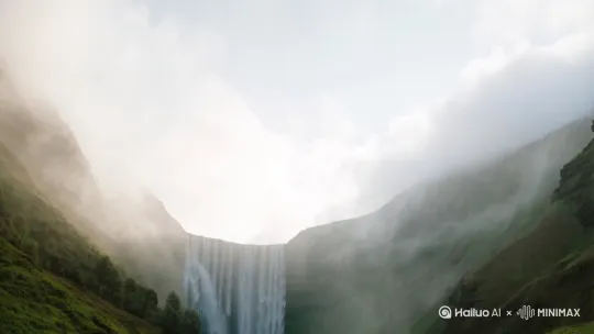 超宽屏16:9][电影级画质8K] 超现实主义拍摄， 在有小溪和瀑布的山谷中拍摄，山谷带点雾气，[下摇,推进]先俯冲瀑布，[推进]然后沿小溪前行，镜头推进速度要很快，采用动态限随视角，保持3米距离同步拍摄，电影风格 by Hailuo AI Video Generator