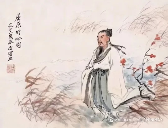 [拉远,上升,下摇]屈原站在江边，悲伤的高唱
[下降]眼泪缓缓落下。 by Hailuo AI Video Generator