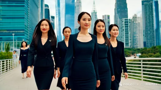 大都市作为背景，一群中国职场女性仰望天空的云朵，自信地行走，突出女性的胸部，暗含呵护女性乳房。 by Hailuo AI Video Generator