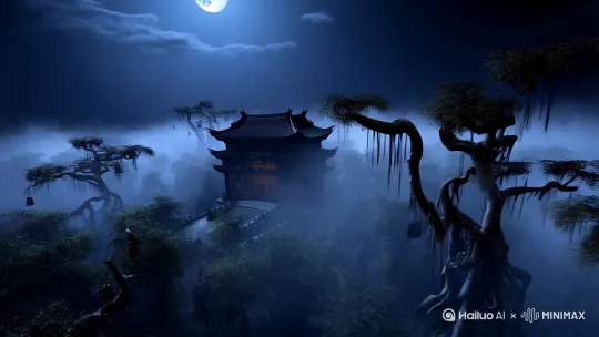 高空航拍,高空鸟瞰视角,远景展现夜幕下隐隐约约看见一个寺庙,寺庙大门紧闭,寺庙里隐隐约约有一丝丝光线,建筑轮廓破败,飞檐垂落铜铃随风轻晃。四周密林阴森,古树盘根错节,浓稠的雾气弥漫,一轮圆月高悬天际。采用超高清画质、暗黑系色调、诡谲氛围,写实古风营造聊斋世界的压迫感。 by Hailuo AI Video Generator