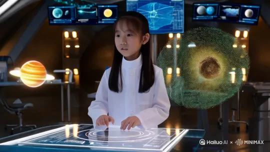 在一间宽敞的实验室中，环绕式虚拟屏幕正投影出早期太阳系中尘埃与碎片的运动轨迹。一位年轻科研人员正在透明控制面板上沉静地调整参数，并观察彩色粒子如何旋转汇聚成星体。虚拟屏幕上和操作控台散发光芒，照亮了实验室。研究员神情沉稳专注。 by Hailuo AI Video Generator