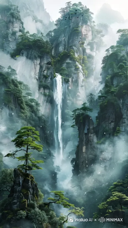 高耸的瀑布从悬崖奔涌而下，湍急的水流击打在深潭岩石上激起白色水雾。晨光透过飘动的云雾洒落水面。摄像机缓缓拉远，采用远景构图展现整个瀑布群的全貌。湿润的空气中凝结着细密水珠，画面充满自然界的原始张力。 分镜2: 水流坠入深潭时形成旋转的漩涡，飞溅的水花在镜头前形成透明帘幕。低角度构图捕捉水面反射的粼粼波光。柔和的自然光照亮岩石表面斑驳的苔藓，朦胧雾气中隐约可见对岸翠绿的植被。 by Hailuo AI Video Generator