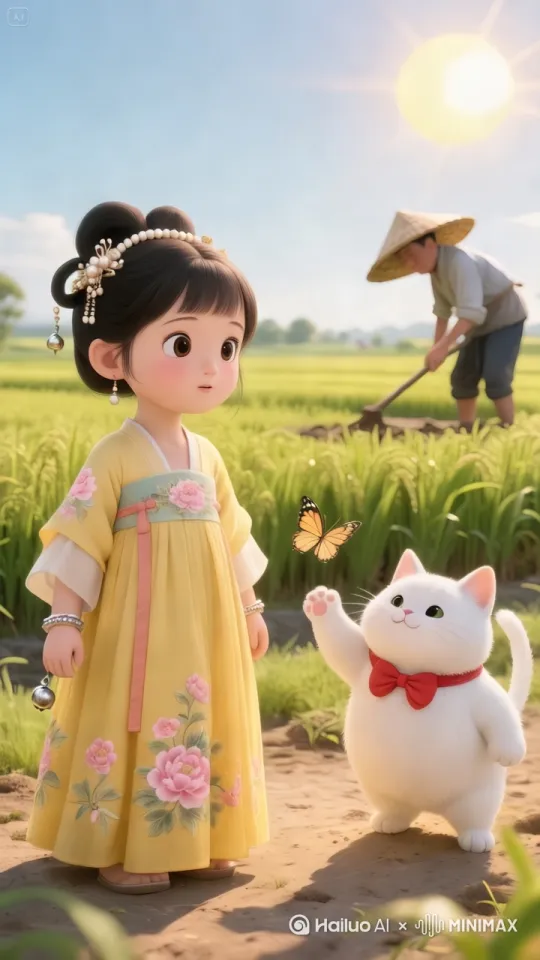 动画提示词:女孩歪头观察农民锄地,女孩眨着眼晴,很好奇的表情,手腕银铃随着动作轻响;猫咪蹦跳着追蝴蝶,蓬松的尾巴左右晃动;太阳缓缓移动,光影在地面和人物身上产生动态变化;镜头从女孩头顶缓缓下移至脚部,再缓慢拉远展现稻田全景 。 by Hailuo AI Video Generator