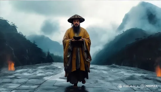 祭司一手端着酒碗，另一只手将碗中的酒洒向四周，迈着特俗的步伐，[左移,推进,右摇] by Hailuo AI Video Generator