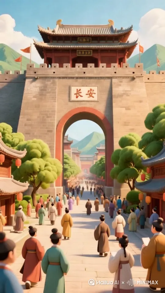 镜头从天空下降，展示长安城的远景，人群缓缓移动，城门、城墙细节清晰，背景有轻微的风声和人们的低语声。 by Hailuo AI Video Generator