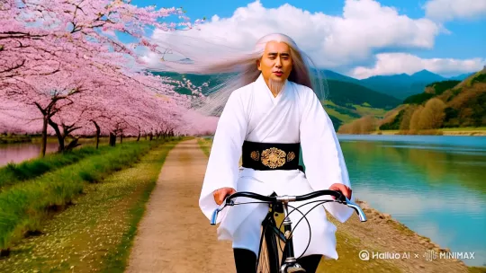 古装长银发男子骑着自行车沿着河边的小路前行，微风拂过，带起他白色的长发在空中飘扬。他身穿传统的白色长袍，腰间系着一条黑色腰带，腰带上点缀着精致的金色饰物。脚下的自行车轮子在泥土小路上滚动，发出轻微的声响。

周围的景色如诗如画，河边的樱花树正值花季，满树的粉嫩花瓣在微风中轻轻摇曳，花瓣随风飘落，点缀在男子的发间和肩头。河水清澈见底，倒映出蓝天白云和远处的青山，山峦连绵起伏，仿佛一幅山水画卷。

男子微微张口，似乎在轻声吟唱一首古老的歌谣，他的眼神专注而宁静，仿佛沉浸在自己的世界中。随着自行车的行进，镜头缓缓拉远，周围的景物逐渐变得模糊，但男子的身影依然清晰可见。他骑行在美丽的自然景色中，仿佛与天地融为一体，给人一种宁静而悠远的感觉。

镜头继续缓缓拉远，男子骑行的速度似乎加快了一些，自行车轮子滚动的声音也变得更加明显。微风轻拂，花瓣飞舞，整个画面充满了动感和诗意。男子的身影逐渐变小，但他与自然和谐共处的画面却深深印在了观者的心中。[推进,上升] by Hailuo AI Video Generator