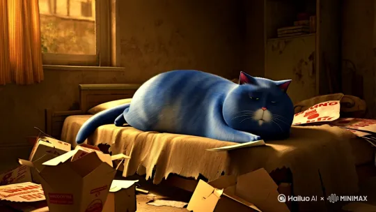 破旧的屋子里面，一只蓝色胖猫躺在一个破旧的从床上，床边都是用过的废纸和吃剩的外卖盒，他懒洋洋的拿出一张纸，嘴里念念有词 by Hailuo AI Video Generator