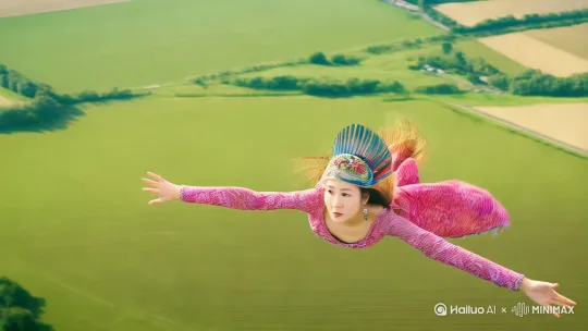 美女原地飞向空中，轻松地在空中滑行，快速飞行，双臂向两侧伸展，头部向前，捕捉平滑水平飞行的感觉。头发、衣服随风摇摆下面有田野和自然景观，无人机视角，一个超现实的高速梦境序列，相机紧密跟踪，相机从略高位置的俯视角度紧密跟踪从左后方向右后方移动，随着角色穿越场景。环境是动态快速变化。运动模糊和光迹增强了速度感和流畅性。快速移动。這了速度感和流畅性。快速移动。快速高空跟踪镜头移动模糊和光迹增强。 by Hailuo AI Video Generator