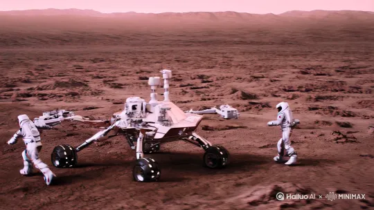 中国宇航员穿着先进太空服正在火星上维护火星车[左移,右摇,跟随]，火星车上全是先进的科学仪器[右摇,变焦推进] by Hailuo AI Video Generator