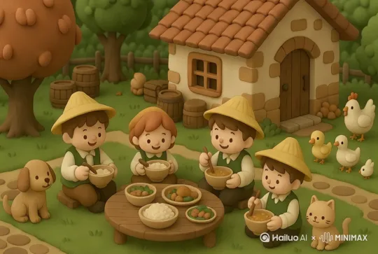 一家人坐在一起开开心心吃饭[右移,左摇,跟随] by Hailuo AI Video Generator