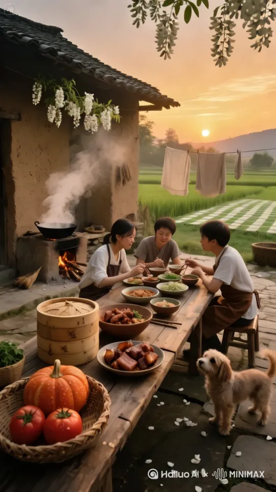 要求吃饭的三人，面部表情生动，有微风拂过，让小狗也动起来[拉远,上升,右摇] by Hailuo AI Video Generator