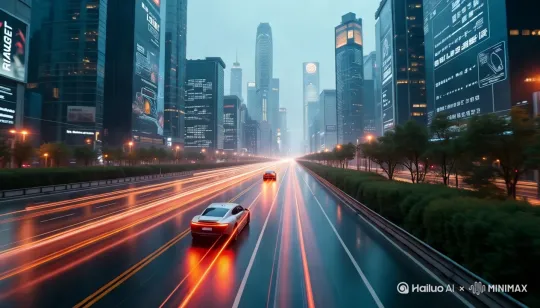 远景，低空航拍，整个城市由半透明化蓝图描边设计，最新科技研发的各种交通工具川流不息，城市加速度下各种交通工具尾灯连成光亮的丝线四通八达，显示出了这座科技城市的繁荣发达。各种最新设计的高楼大厦如一座座大山耸立在城市中，遮天蔽日。到处都是广告全息图像投影和裸眼3D大屏幕，夹杂着城市的霓虹灯，让这座高科技钢铁城市升温不少，偶尔能看到绿色植物在住宅区环绕，让空气清新许多。放射光粒子直冲镜头，近景失焦，遮挡，超广角，强透视，浅景深，朦胧渐变，现场感，光朦，黑白，缤纷，电路光显，暗调与高曝，层次丰富，质感，莱卡胶片，富士滤镜，超距氛围感拉满，光影美学，极简主义，32K，超高清，最佳画质[推进,上升,变焦拉远] by Hailuo AI Video Generator