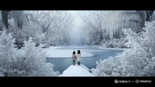 冬季，白雪皑皑，一个冰雪的世界。一片森林中间，有一条河面宽阔的河流，河面已经完全结冰，冰面上还覆盖着积雪。两个小姑娘站在河面上，河岸两边是白色的挂满冰凌的树，还有些倒伏下来的树枝，上面也布满冰花。小姑娘向前望去的视野中，那冰雪的世界美不胜收。 by Hailuo AI Video Generator