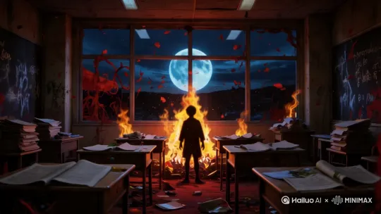[晃动]低角度镜头缓慢推向静立在教室中央的小男孩剪影。两侧课桌的阴影随火焰跳动扭曲，燃烧的试卷碎片化成灰烬。暗紫色夜空中的血月被浓烟笼罩，火焰在布满裂痕的黑板上投射出忽长忽短的影子。 by Hailuo AI Video Generator