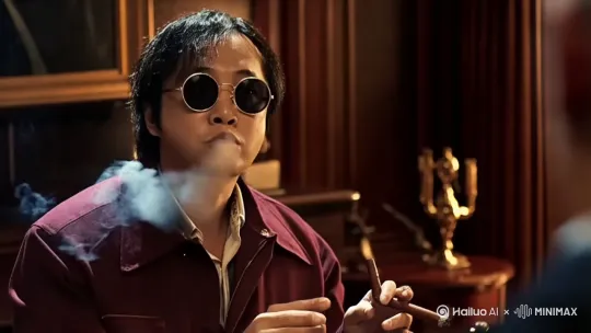 美国七八十年代的黑帮教父，年龄四十岁左右，眼神有威慑力，梳着油背头，手上掐着雪茄，嘴里在高谈阔论给他的手下，表情很严肃，要符合电影教父的感觉，注意细节。 by Hailuo AI Video Generator