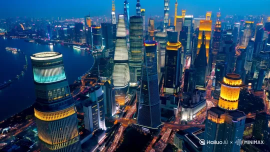 生产生成一张一分钟的。的。上海的夜景航拍图。[推出,上升,下摇] by Hailuo AI Video Generator