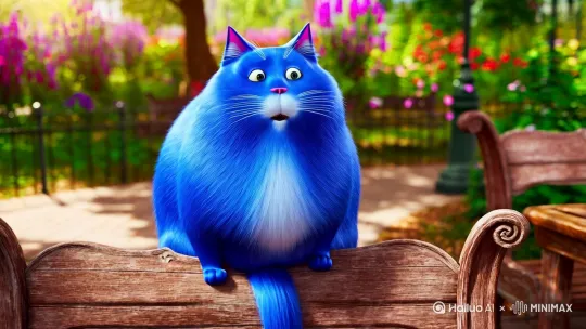 一只蓝色的，很胖的猫，坐在板凳上说话 by Hailuo AI Video Generator