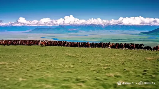蓝天高山河流白云草原上，万马奔腾 by Hailuo AI Video Generator