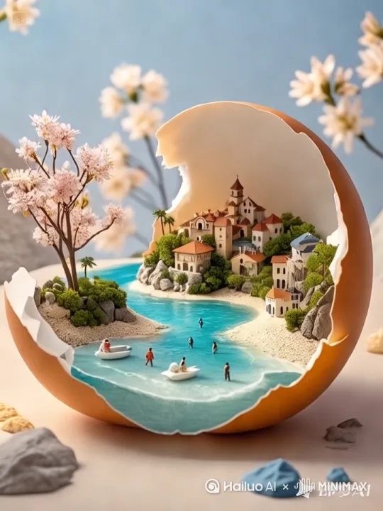 阳光明媚的海滩上，游客在冲浪 by Hailuo AI Video Generator