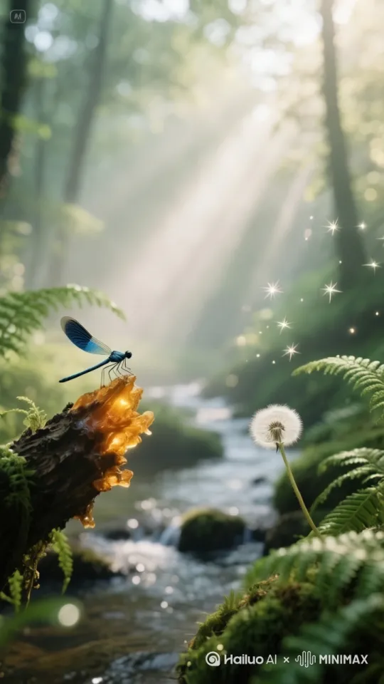 蜻蜓飞走，碰到蒲公英，蒲公英随风飘扬。[跟随][推进,上升] by Hailuo AI Video Generator