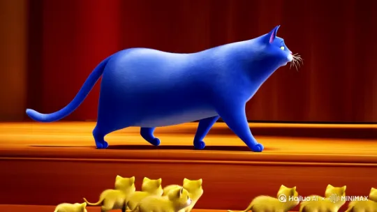 一只蓝色大胖猫在讲台是跑步鞠躬，下面是11只黄色小猫 by Hailuo AI Video Generator