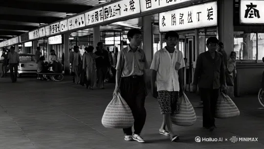 90年代 深圳沙井客运站 打工仔 背着编织袋 候车大厅 斑驳招牌 黄昏 光影交错 黑白复古 by Hailuo AI Video Generator