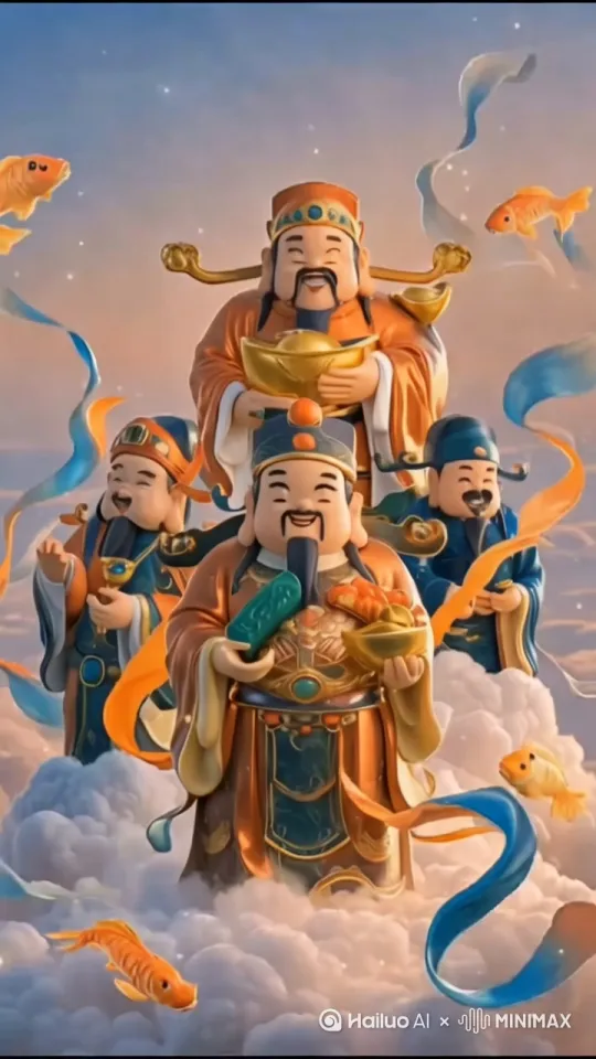 [推进,上升]财神手中端着一盘小龙虾飘过来 by Hailuo AI Video Generator